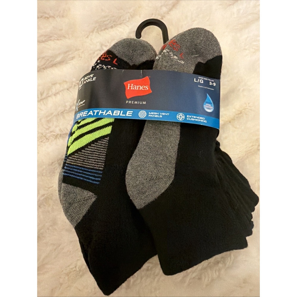 Hanes Boys Ankle Socks 10 Pair Black Gray X-Temp Performance Athletic Size L 3-9